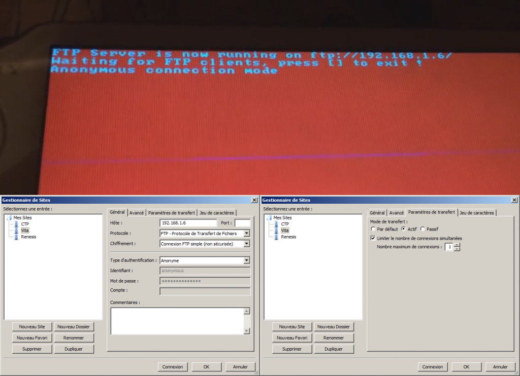 Au-dessus : l'écran de la Vita faisant tourner Vita FTP ; En bas : les configurations de FileZilla à effectuer